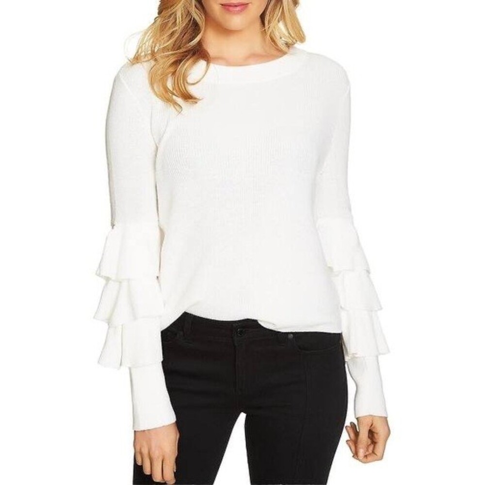1 State Sweater White Ruffle Tiered Sleeve Nomad Crew Neck Antique Cream Small